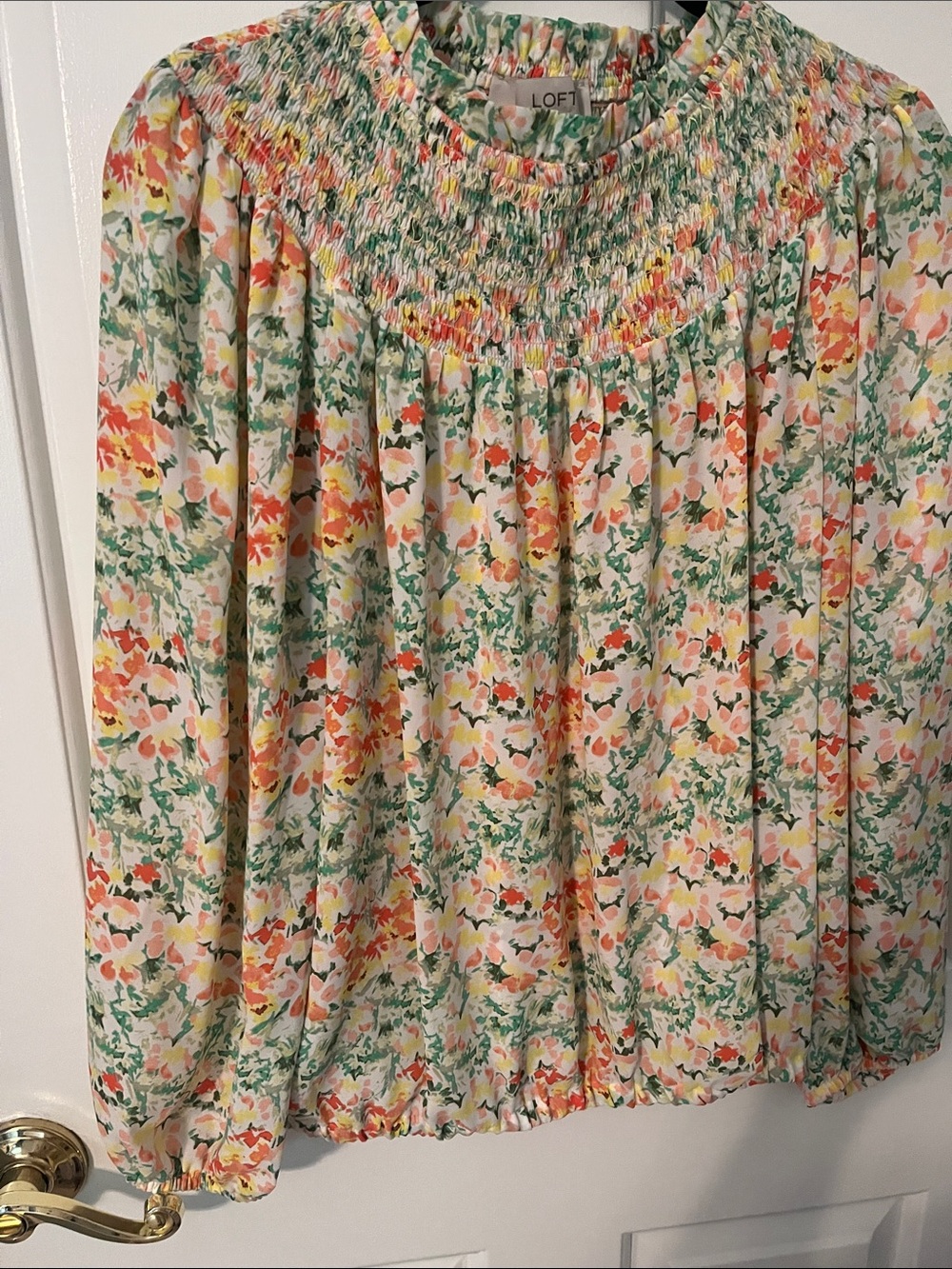 LOFT Floral Smocked Bubble Hem Blouse in orange , Yellow & Green